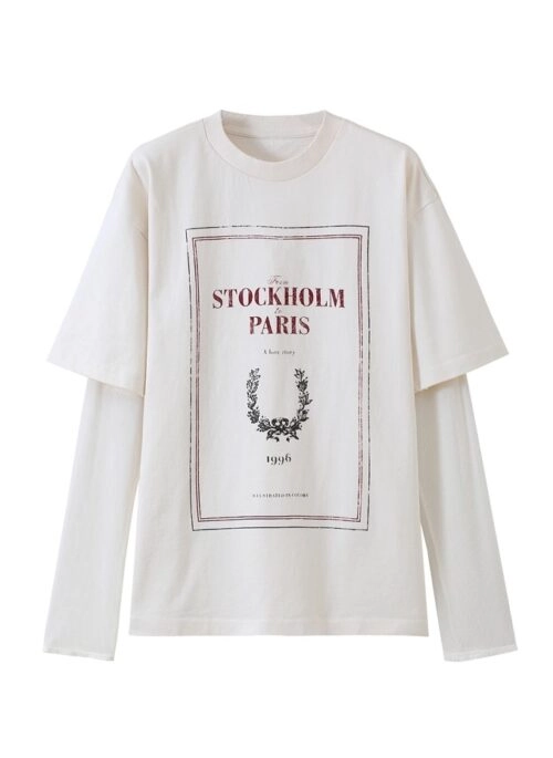 White Stockholm To Paris Print Long Sleeves T-Shirt | Karina - AESPA