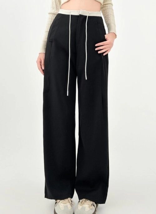 Wide Leg High Waist Black Casual Trousers