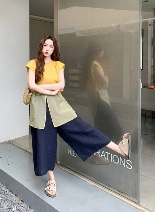 Yellow Top And Wide Leg Pants Fashion Set