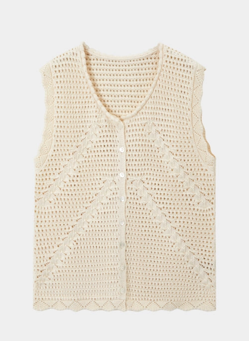 Beige Crochet Button-Up Vest | Gaeul – IVE