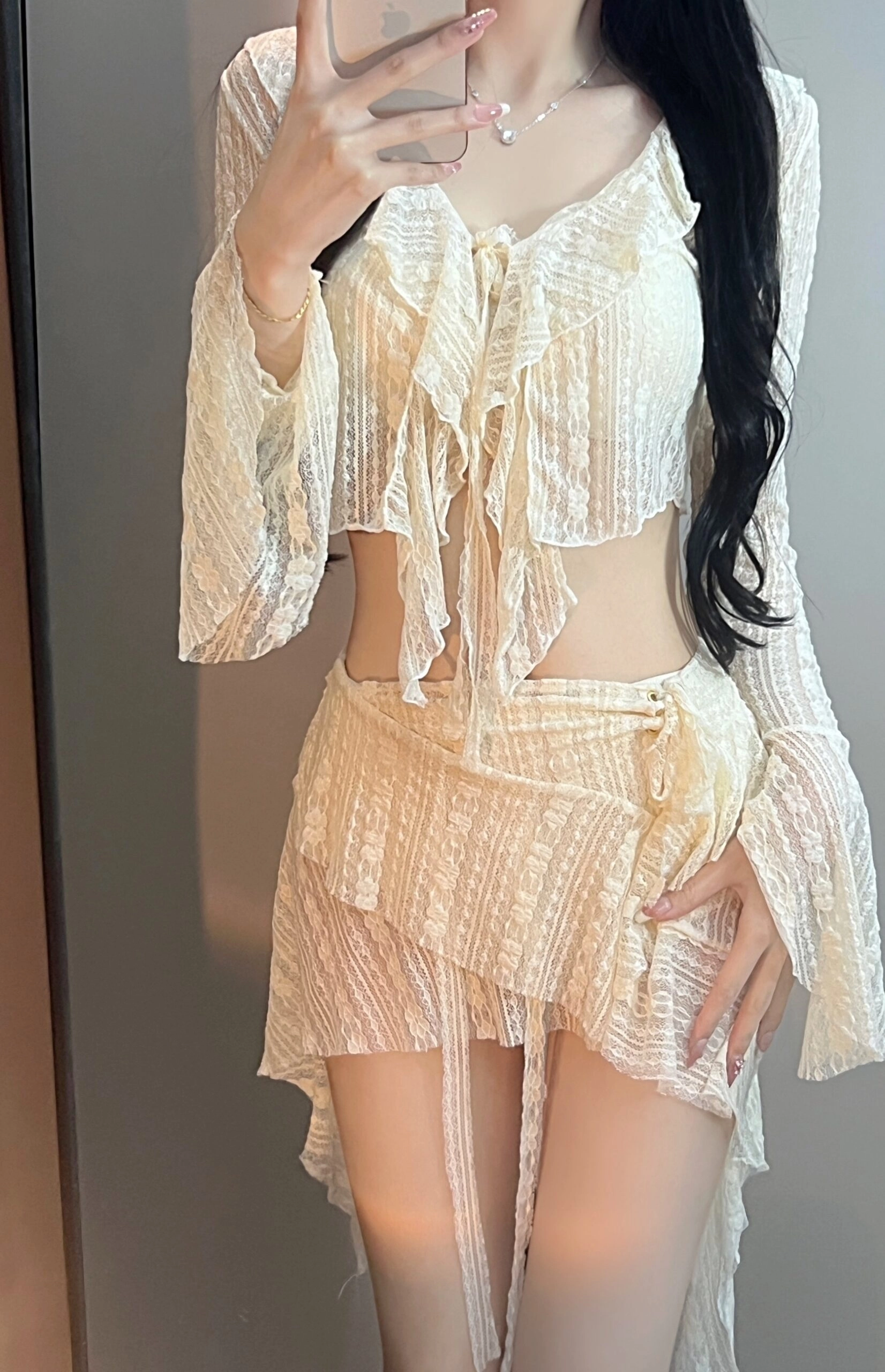 Beige Lace Ruffles Swimsuit Set Yoonchae KATSEYE Fashion Chingu