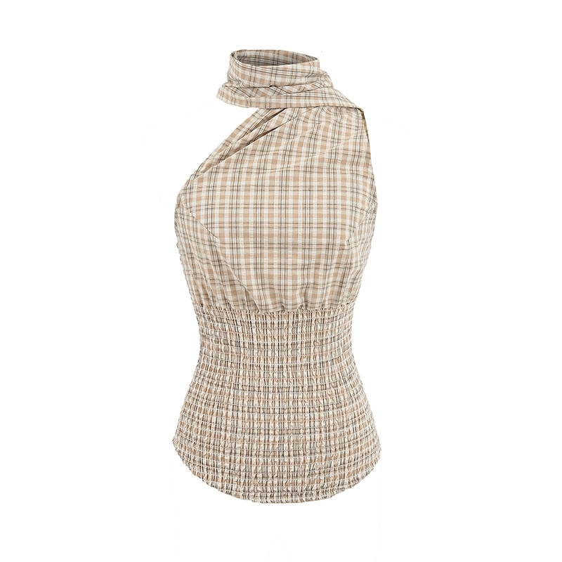 Beige Plaid One Shoulder Top | Sophia - KATSEYE - Fashion Chingu