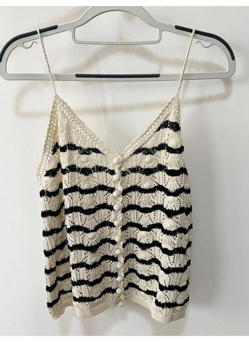 Beige Wavy Stripe Crochet Button Top | Liz – IVE