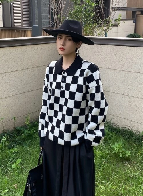 Black And White Checkered Long Sleeves Polo Sweater | Bangchan - Stray Kids