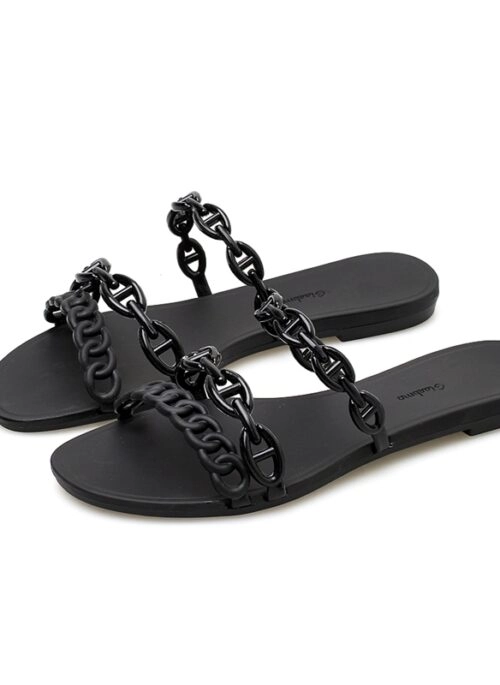 Black Chain-Link Double Strap Slide Sandals | Lisa - BlackPink