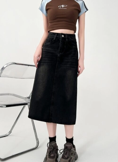 Black Grey Denim Midi Skirt Slim Fit