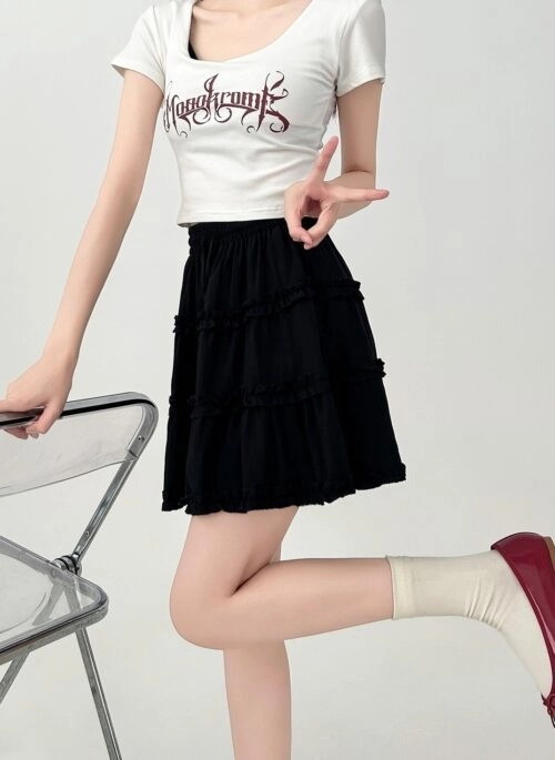 Black Ruffled Drawstring High Waist A Line Skirt