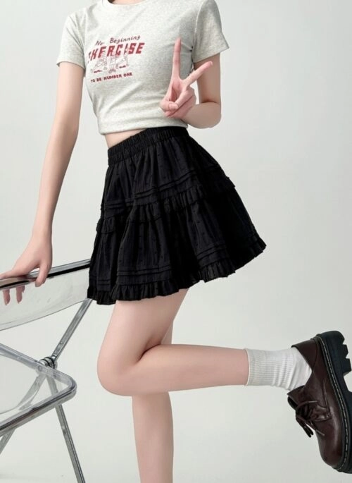 Black Ruffled High Waist A Line Mini Skirt