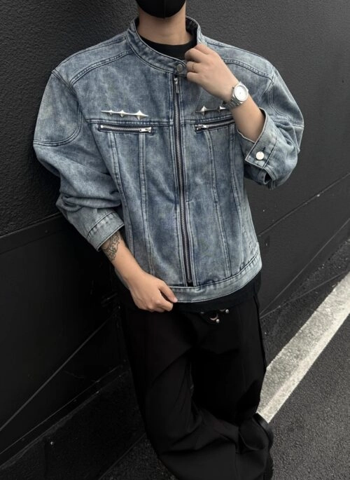 Blue Front Zipper Pockets Denim Jacket | Han - Stray Kids