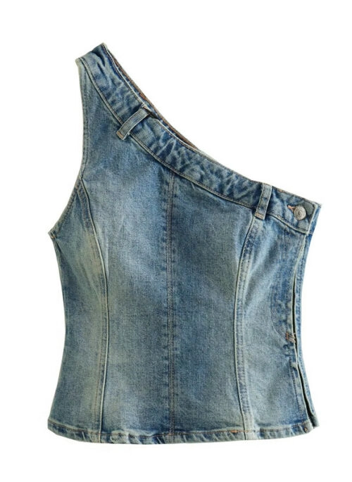 Blue One-Shoulder Denim Top | Ningning – Aespa
