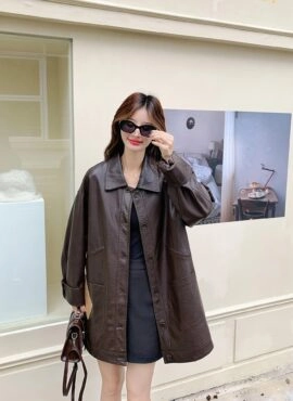 Brown Faux Leather Button Up Jacket | Ji Han Na – Good Day