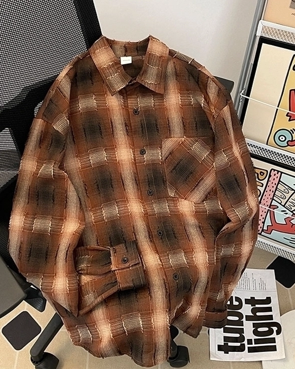 Brown Gradient Plaid Flannel Shirt | Ahyeon - BabyMonster