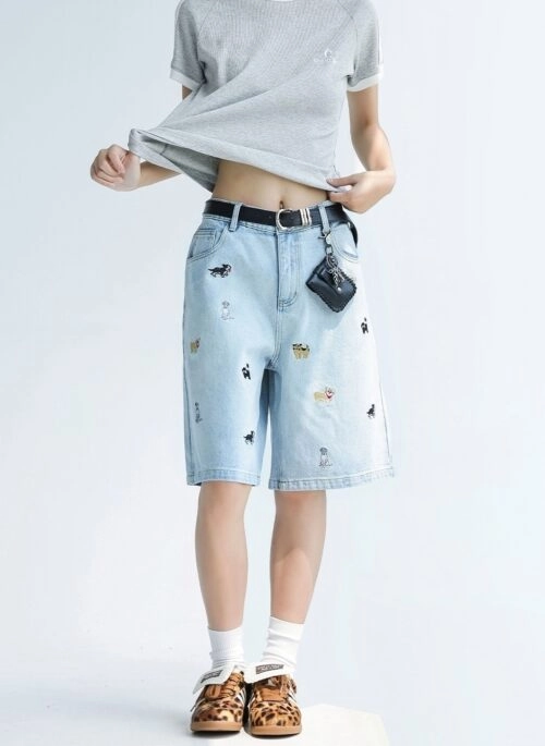 Cute Embroidered Puppy Denim Loose Fit Shorts
