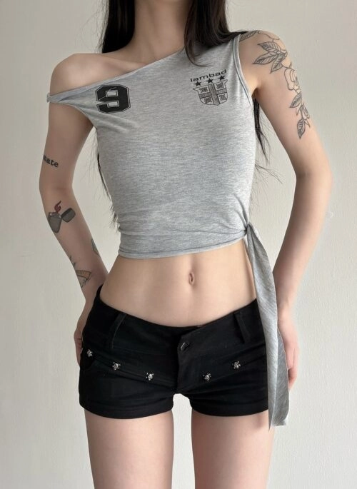 Grey One Shoulder Tie Side Graphic Top | Winter – Aespa