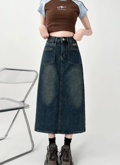 High Waist Denim A Line Midi Skirt
