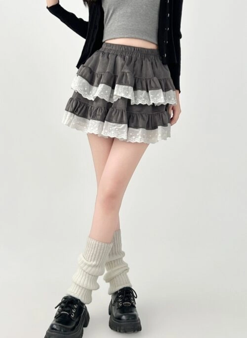 High Waist Lace Trim Puff Short Skirt
