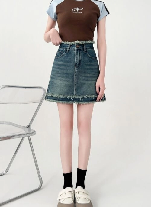 High Waist Vintage Frayed Denim Mini Skirt
