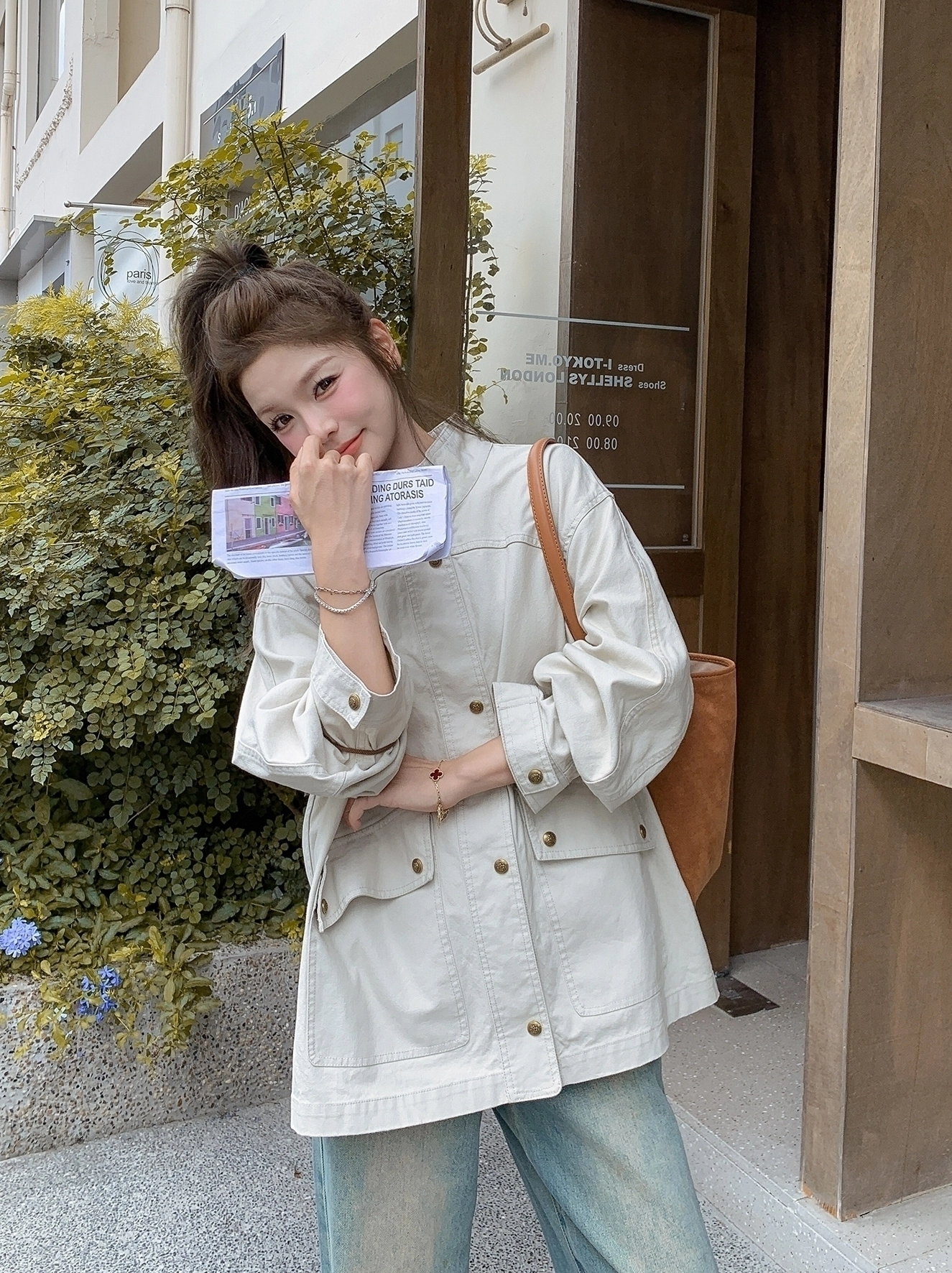 Ivory Stand Collar Utility Jacket Casual Fashion - Fashion Chingu