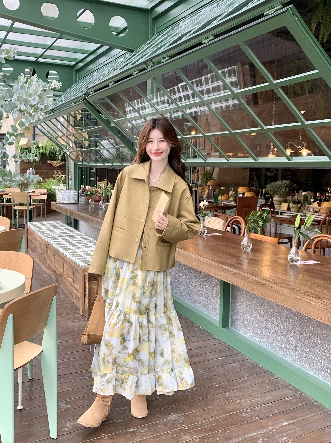 Khaki Short Jacket Dress Set Fashionable Outfit - Fashion Chingu