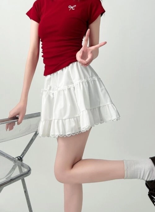 Lace Bow A Line Ruffle Skirt White