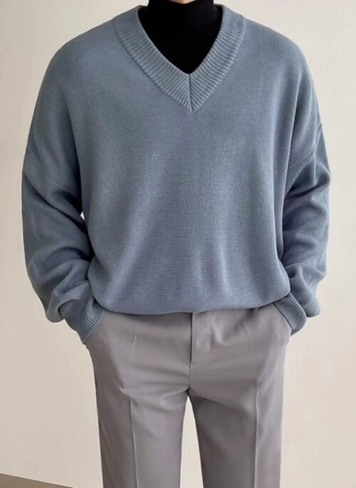 Light Blue Knit V-Neck Sweater | Sunghoon – Enhypen