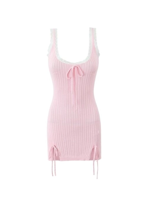 Pink Ribbed Lace Trim Mini Dress | Joy – Red Velvet
