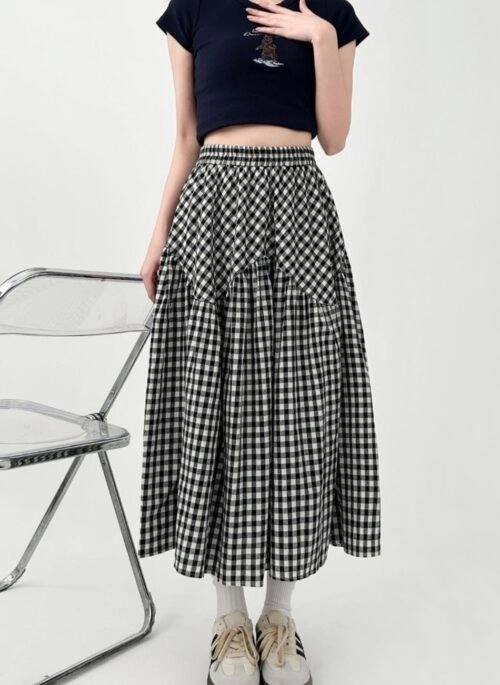 Plaid A Line Midi Skirt Flowy Casual Style