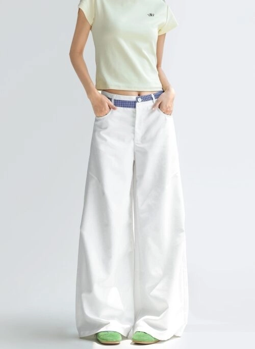 Plaid Patchwork Wide Leg Relaxed Fit Trousers