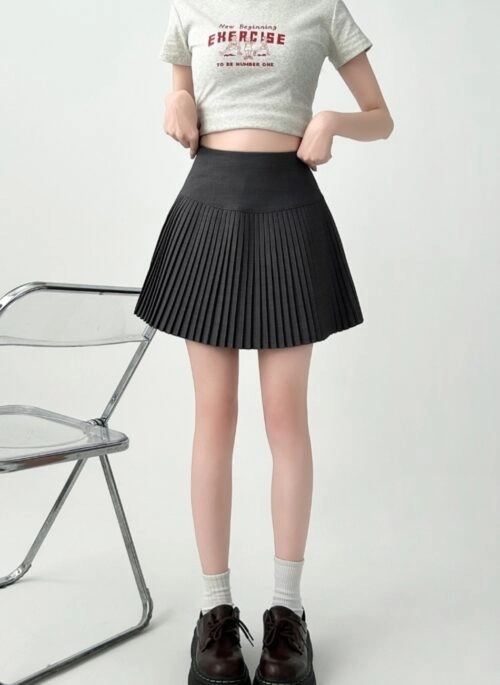Pleated Gray High Waist A Line Mini Skirt