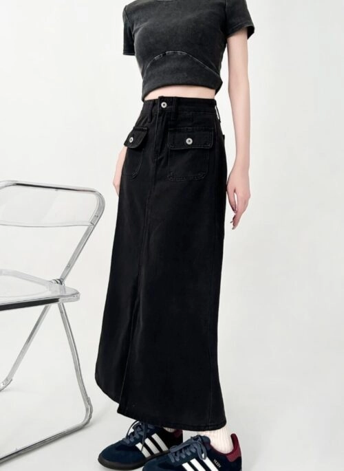 Plus Size High Waist A Line Denim Midi Skirt