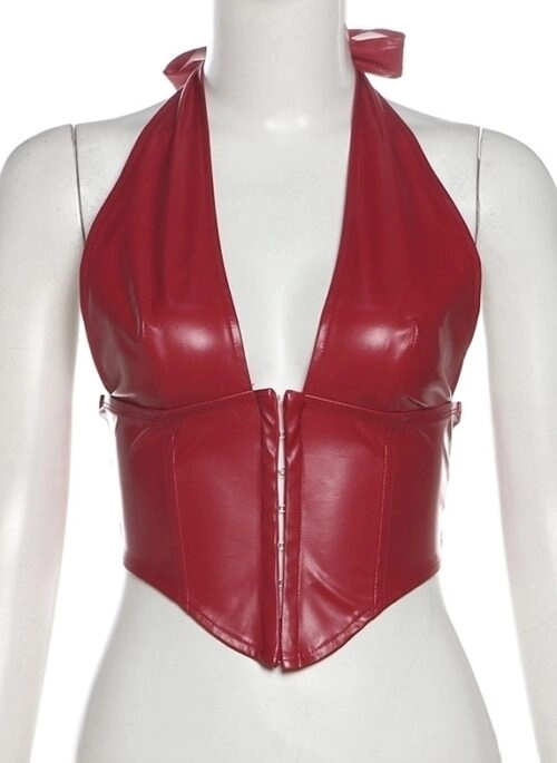 Red Backless Faux Leather Corset Halter Top | Somi