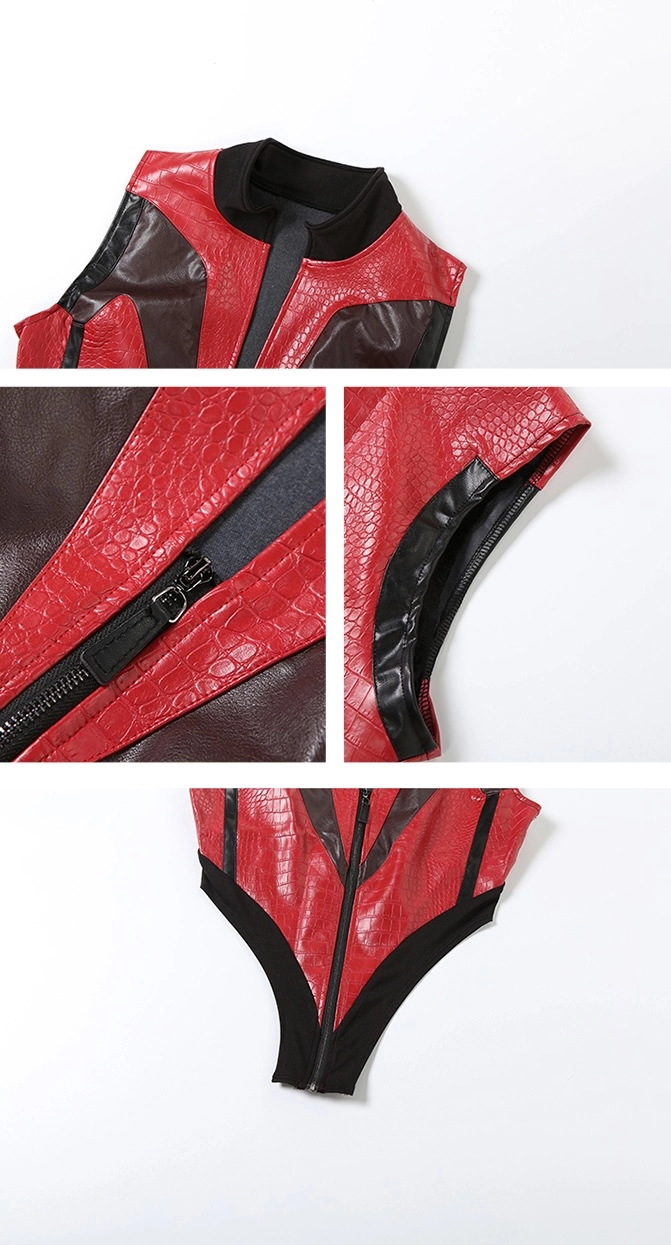 Red Biker Style Faux Leather Zip-Up Top | Jennie - BlackPink