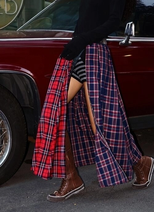 Red Plaid Panelled Maxi Skirt | Winter - Aespa