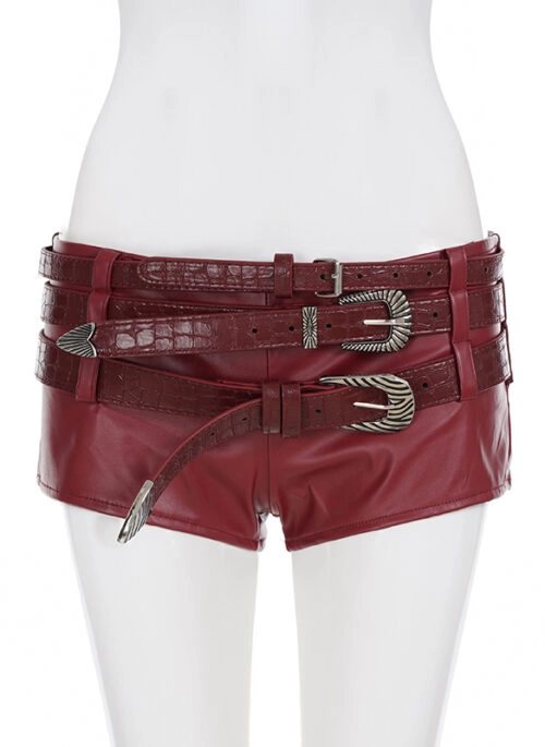 Red Triple Buckle Faux Leather Shorts | Jennie - BlackPink
