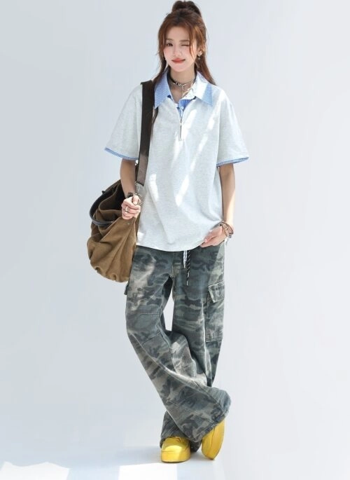 Striped Patchwork Polo Shirt Casual Loose Short Sleeve Top