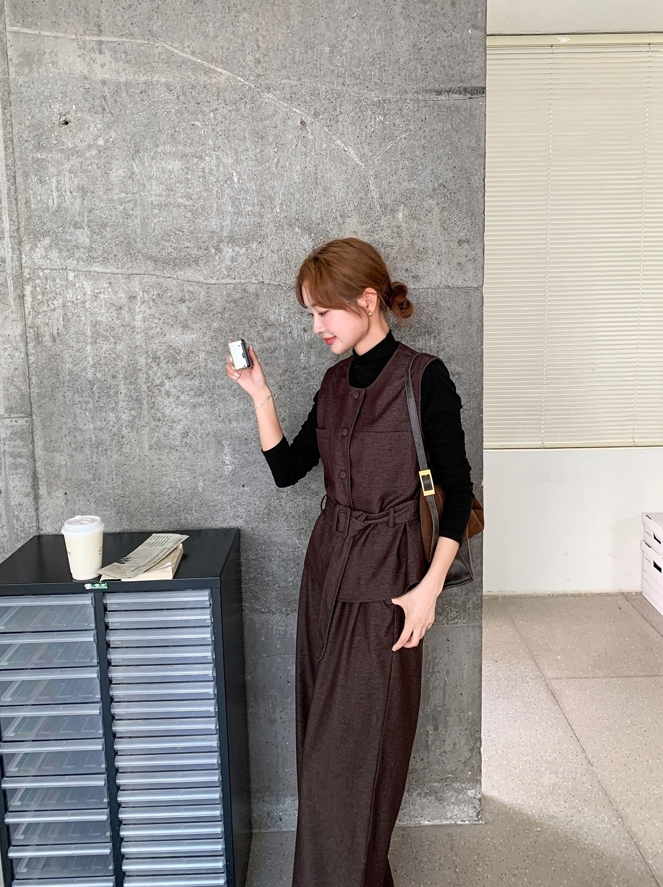 Vintage Brown Waistcoat Set With Wide Leg Pants Fashion Chingu