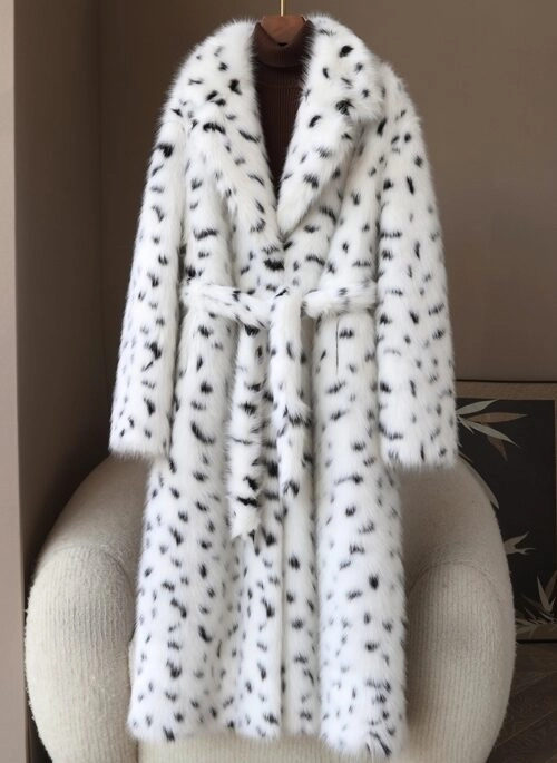 White Dalmatian Pattern Faux Fur Long Coat | Giselle – Aespa