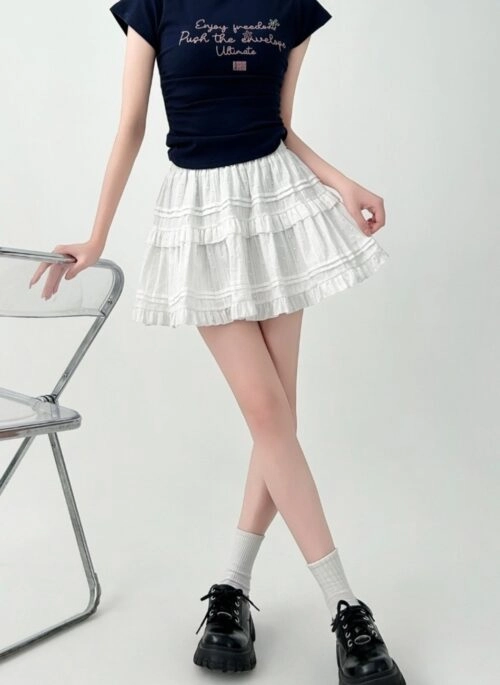 White High Waist A Line Ruffle Mini Skirt