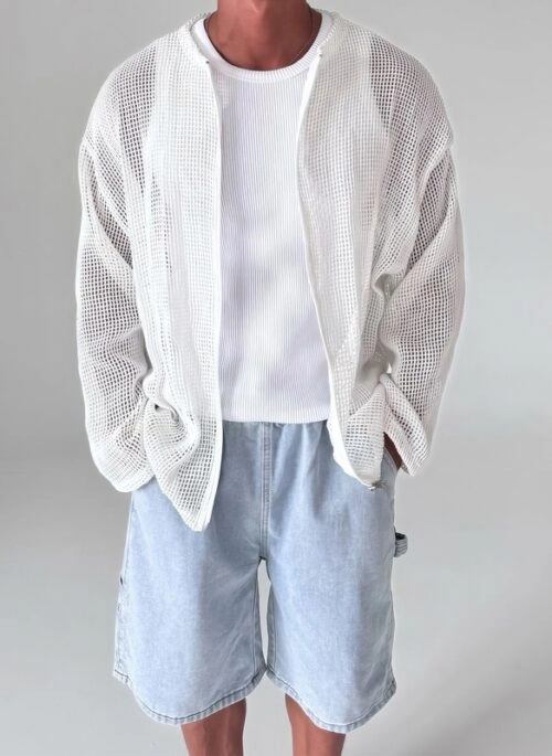 White Hollow Mesh Zipper Cardigan | Junghwan – Treasure