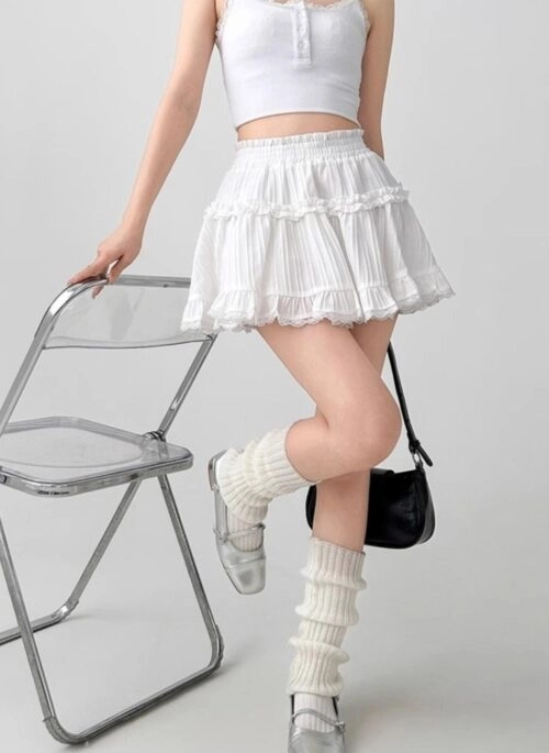 White Lace Ruffled High Waist A Line Skirt