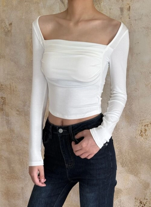 White Off-Shoulder Ruched Long Sleeve Top | Karina - Aespa