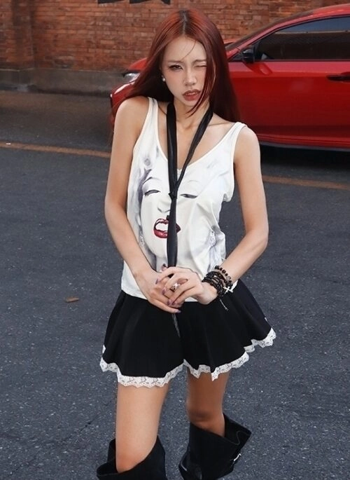White Tie Accent Printed Tank Top | Rose - BlackPink