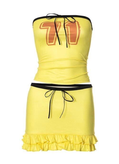 Yellow 71 Graphic Print Tube Top And Skirt Set | Joy - Red Velvet