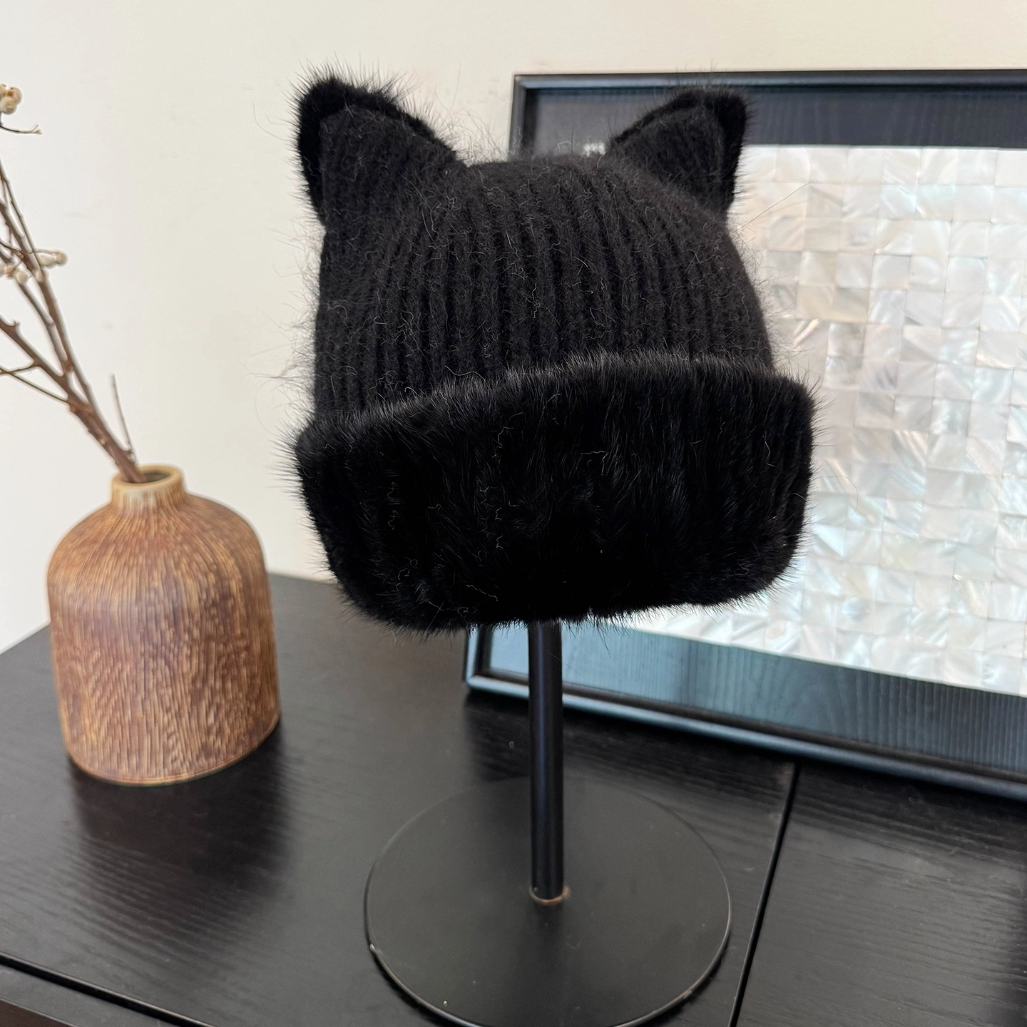 Black Knitted Fluffy Cat Ears Beanie | Karina - Aespa - Fashion Chingu