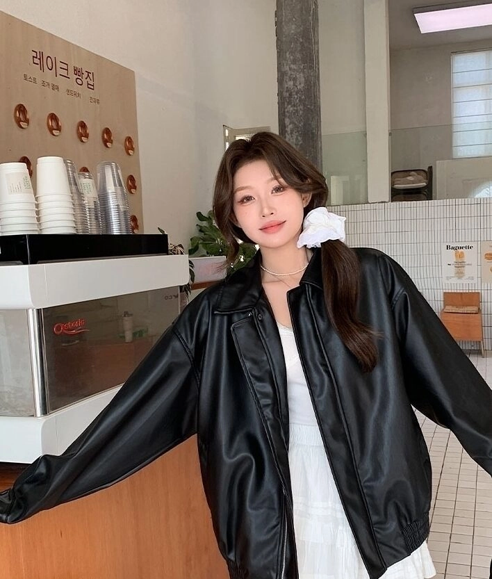 Black Oversized Faux Leather Zip-Up Jacket | Asa