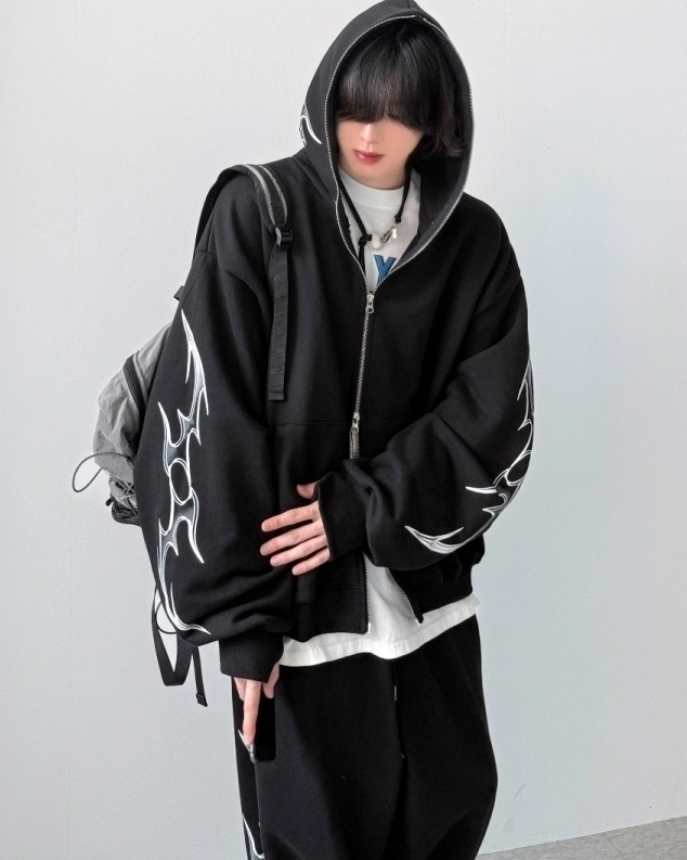 Black Tribal Details Oversized Hooded Jacket | Jungwon - Enhypen