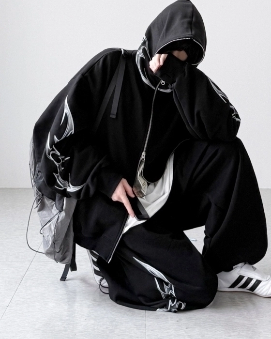 Black Tribal Details Oversized Hooded Jacket | Jungwon - Enhypen