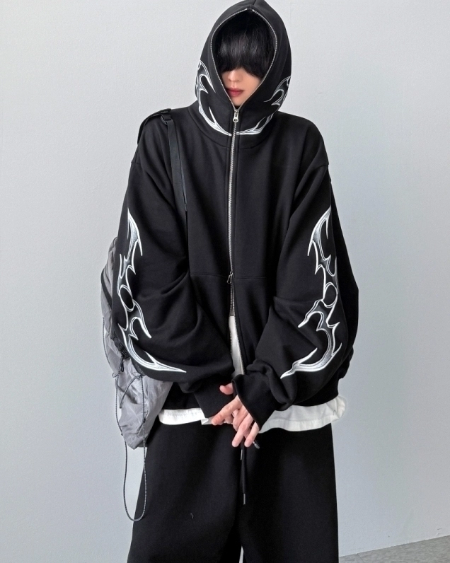 Black Tribal Details Oversized Hooded Jacket | Jungwon - Enhypen