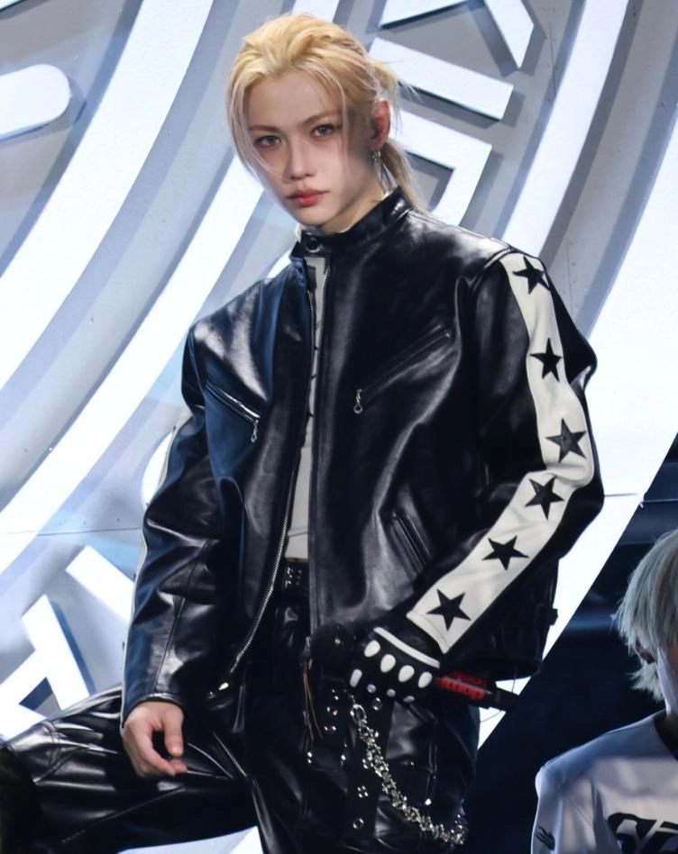 Black Vintage Star Panel Leather Jacket | Felix - Stray Kids