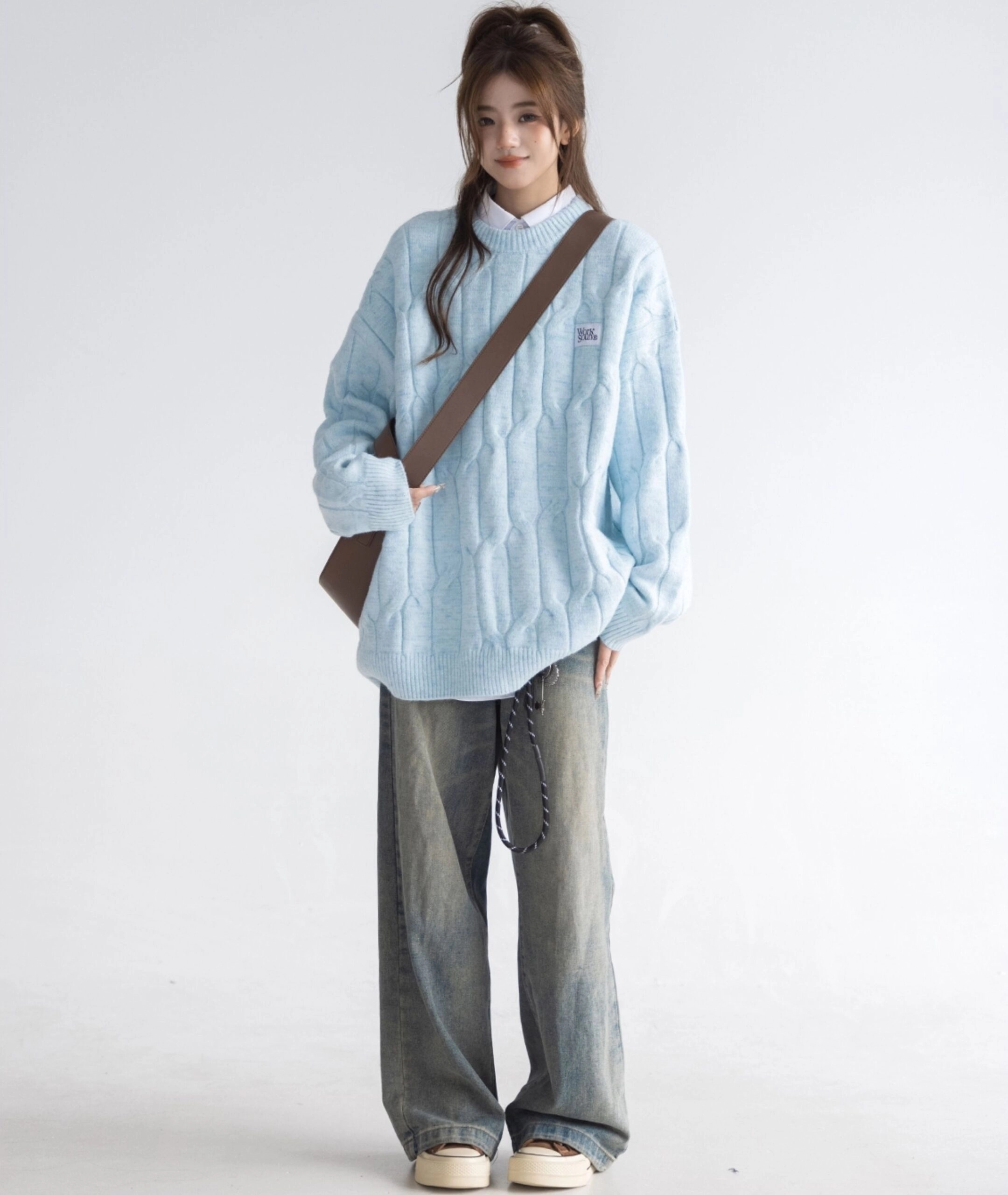 Blue Cable Knit Sweater Cozy Korean Style Pullover - Fashion Chingu